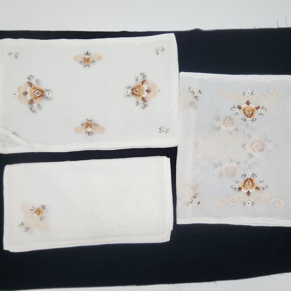 Machine Embroidered Table Runner Mats Napkins Sheer Fabric Vintage Brown Roses